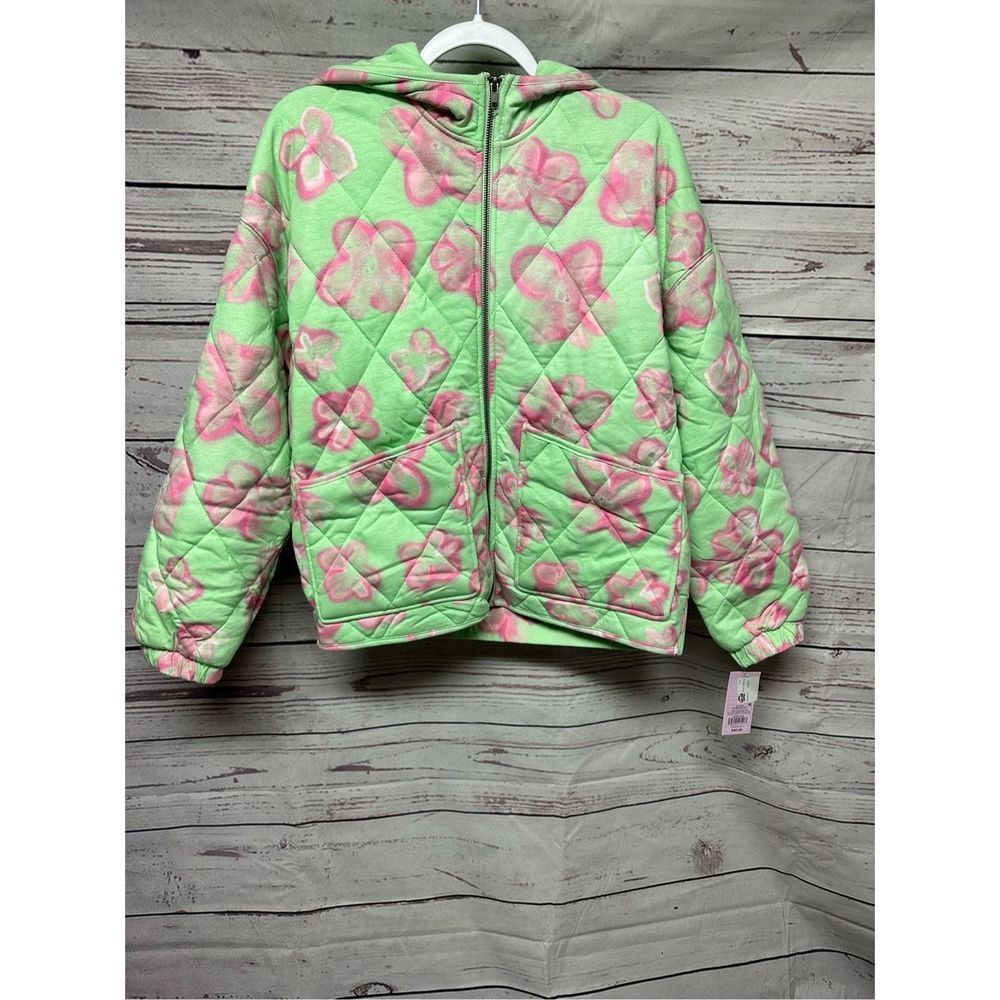 Wild Fable Womens Floral Full-Zip Hooded Quilted Jacket Mint Green Sz Medium